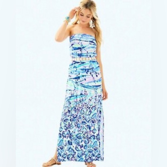 Lilly Pulitzer Mika Strapless Maxi Dress Chasing Waves Engineered Blue Current - Picture 5 of 8